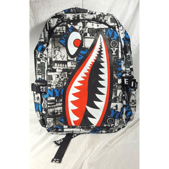 Oxford Cloth Waterproof Large Shark Laptop Backpack Newsprint NYC - 12.6"x17"x7" - Picture 2 of 7